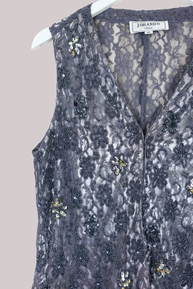 Vintage Waistcoat - Slate Grey Lace - Size L/XL