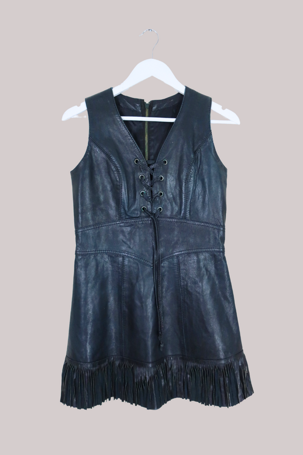 Vintage Mini Dress - Black Leather - Size XS
