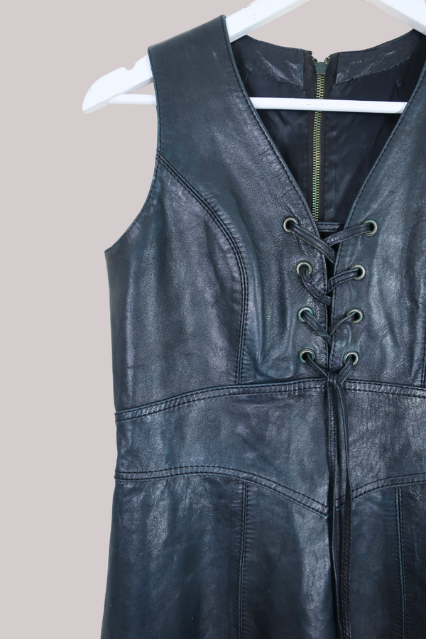 Vintage Mini Dress - Black Leather - Size XS