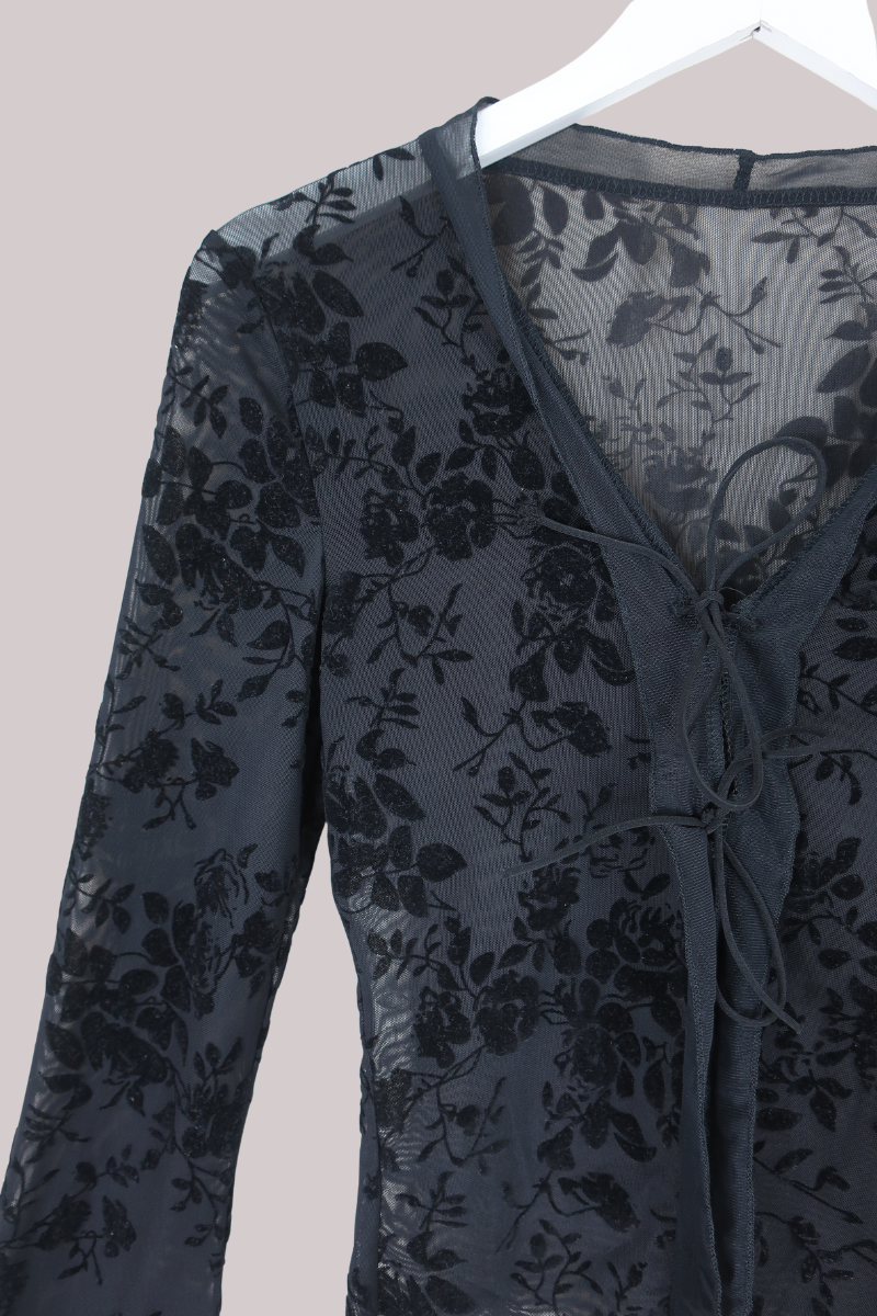 Vintage Top - Black Velvet Roses - Size S/M