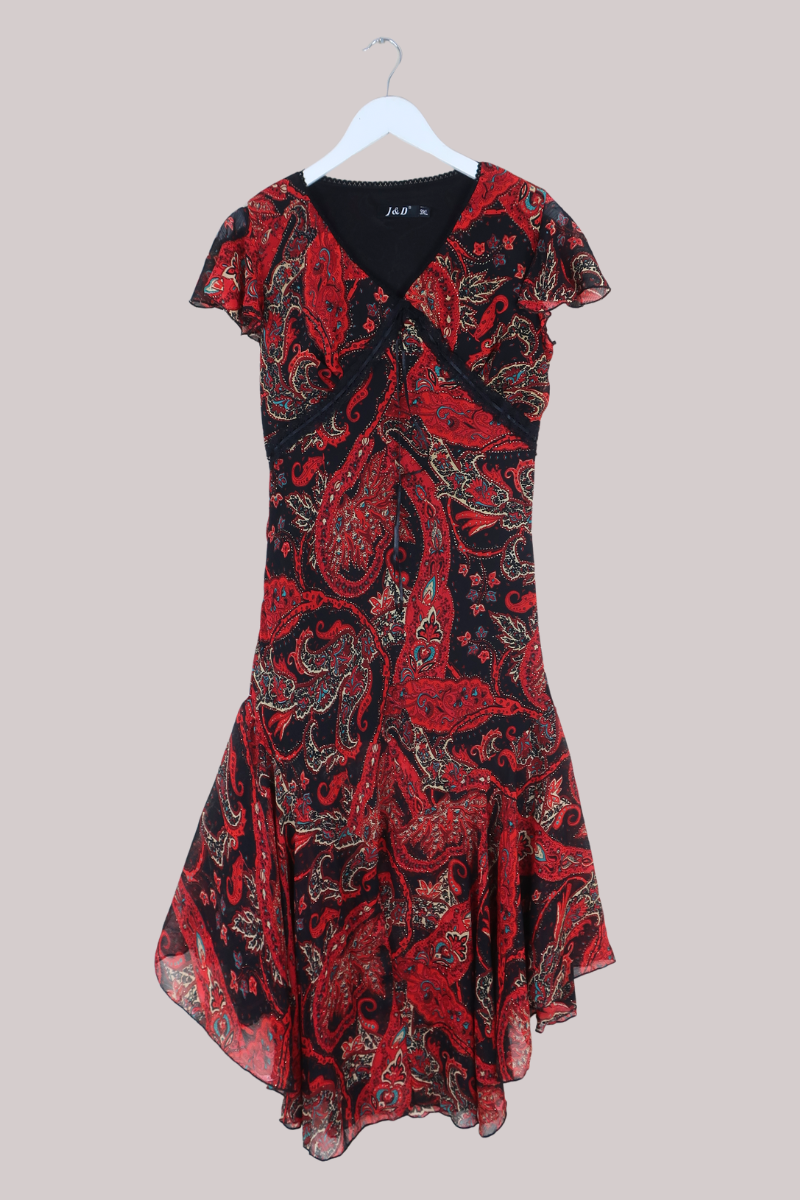 Vintage Dress - 90s Scarlet Paisley - Size XL/XXL