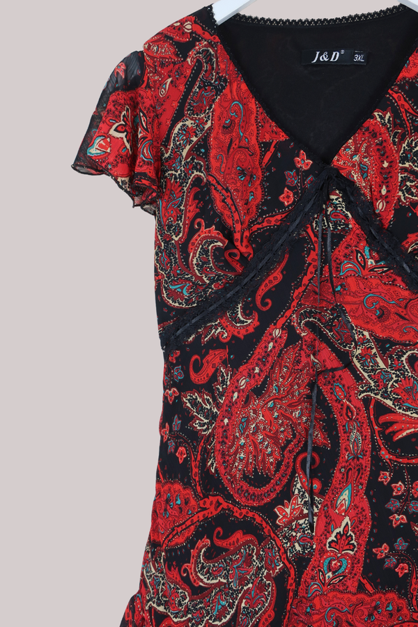 Vintage Dress - 90s Scarlet Paisley - Size XL/XXL