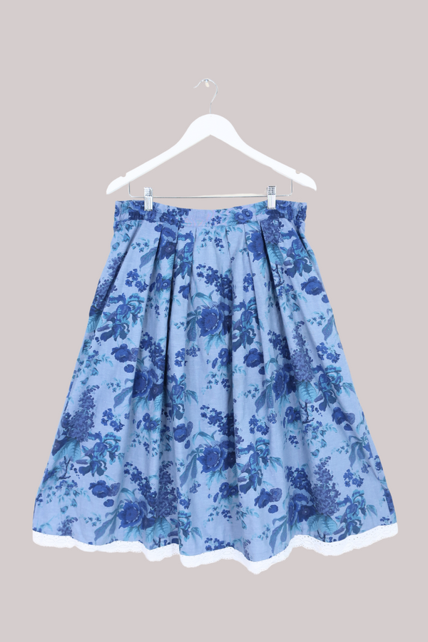 Vintage Skirt - Pleated Blue Floral with Broderie Lace - Size W 34 by All About Audrey