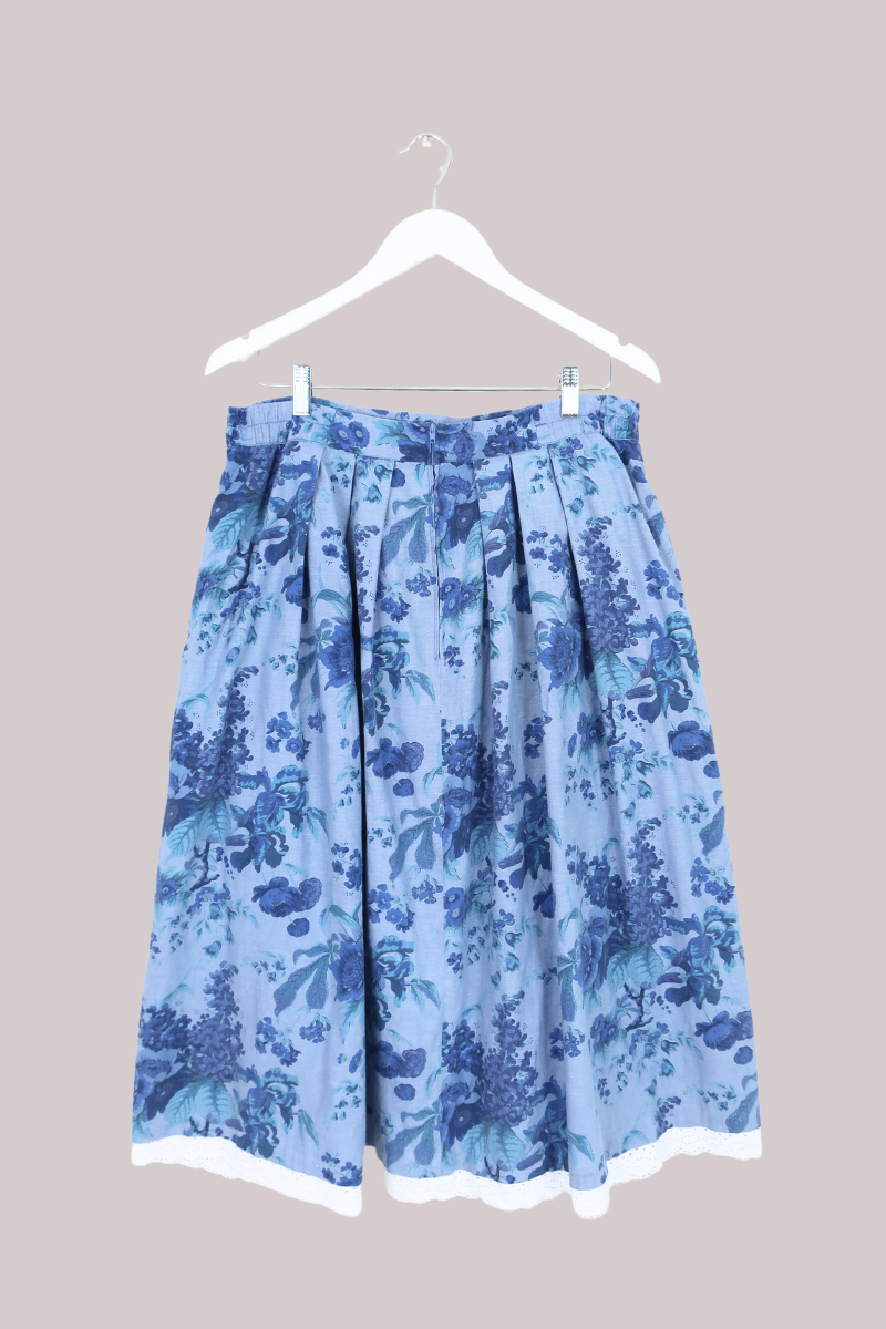 Vintage Skirt - Pleated Blue Floral with Broderie Lace - Size W 34 by All About Audrey