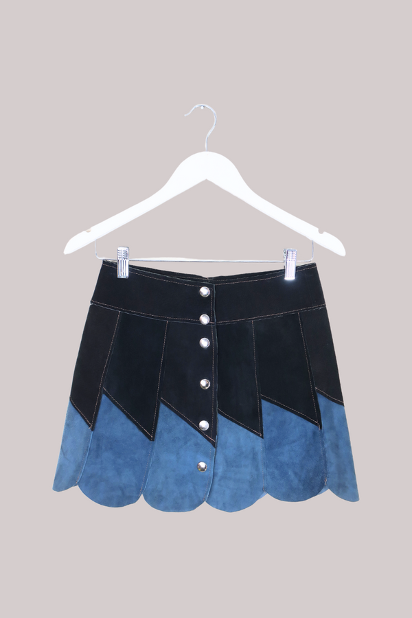 Vintage Skirt - Patchwork Suede Mini Skirt - Steel Blue, Brown & Black - Size W 27 by All About Audrey
