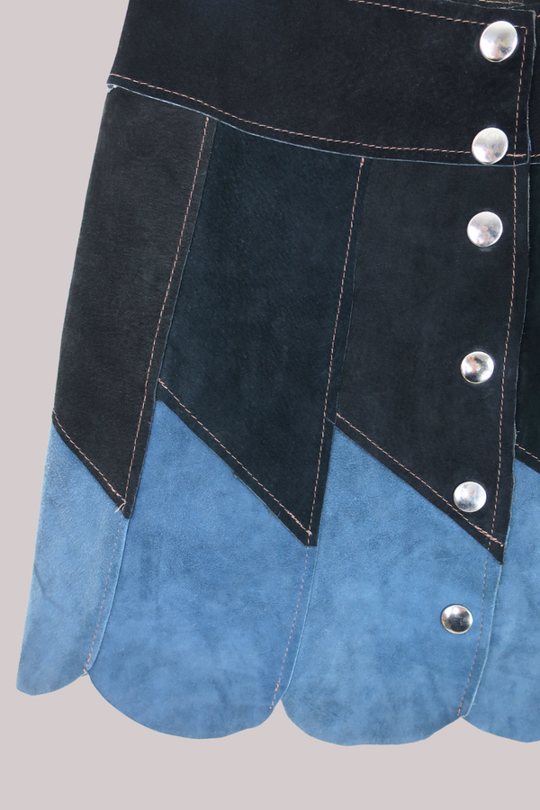Vintage Skirt - Patchwork Suede Mini Skirt - Steel Blue, Brown & Black - Size W 27 by All About Audrey
