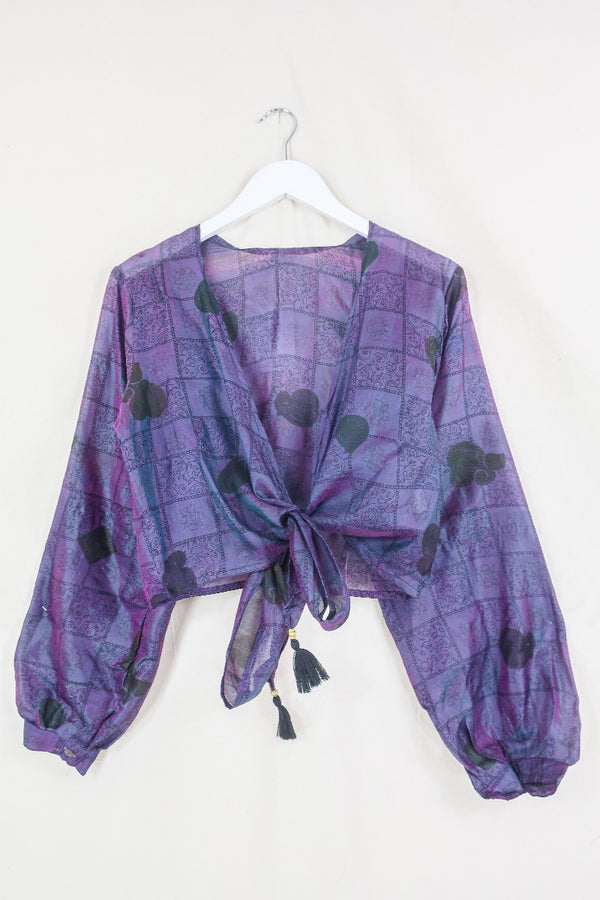 Lola Wrap Top - Iridescent Blueberry Tile - Pure Silk Sari - Size S/M by all about audrey
