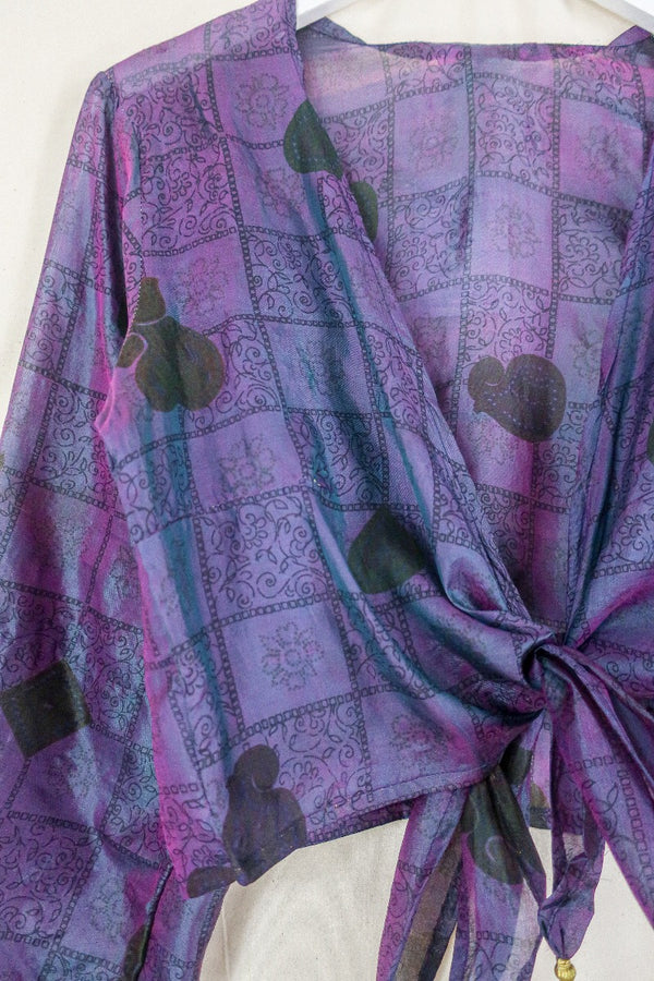 Lola Wrap Top - Iridescent Blueberry Tile - Pure Silk Sari - Size S/M by all about audrey