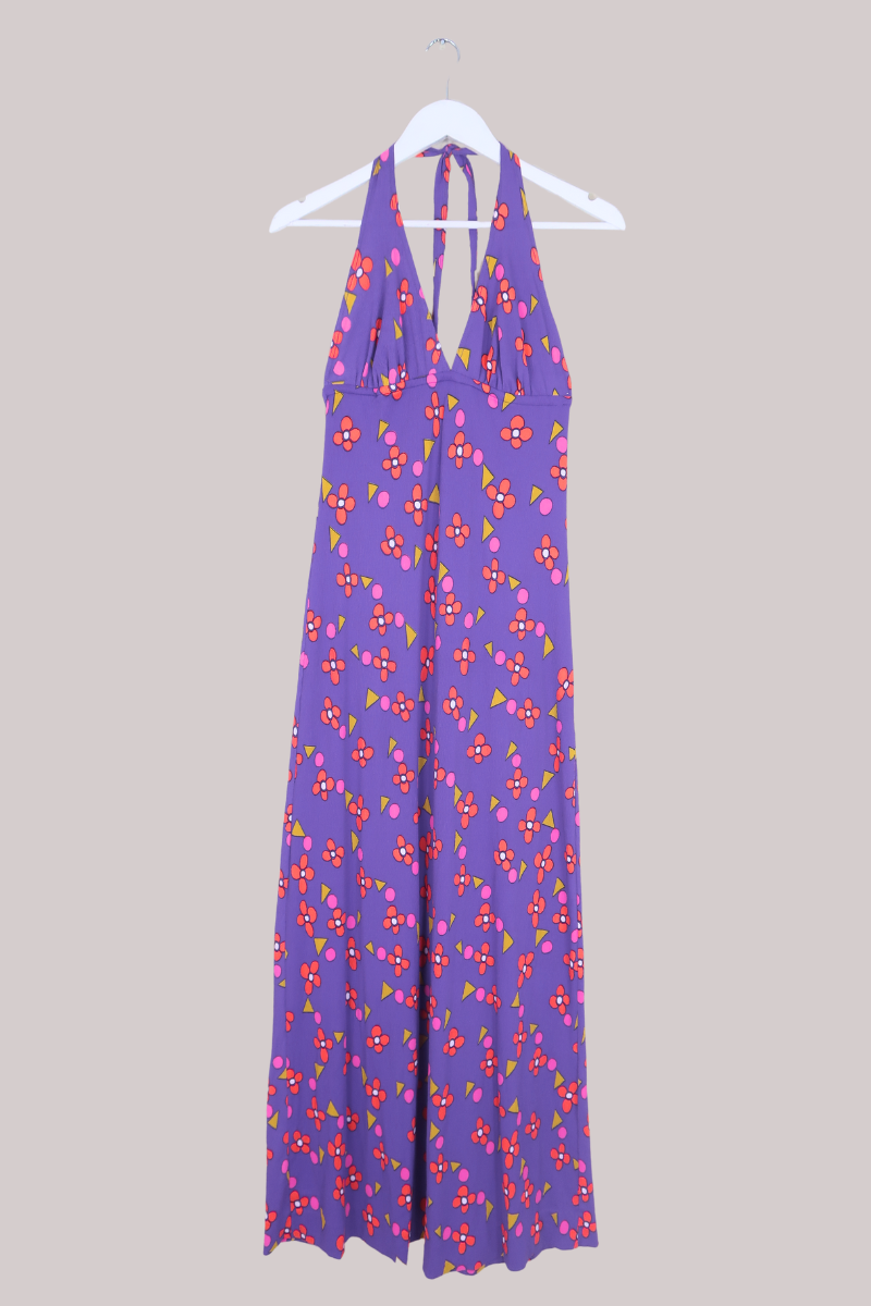 Vintage 70s Halterneck Maxi Dress - Purple Retro Daisies - Size XS by All About Audrey