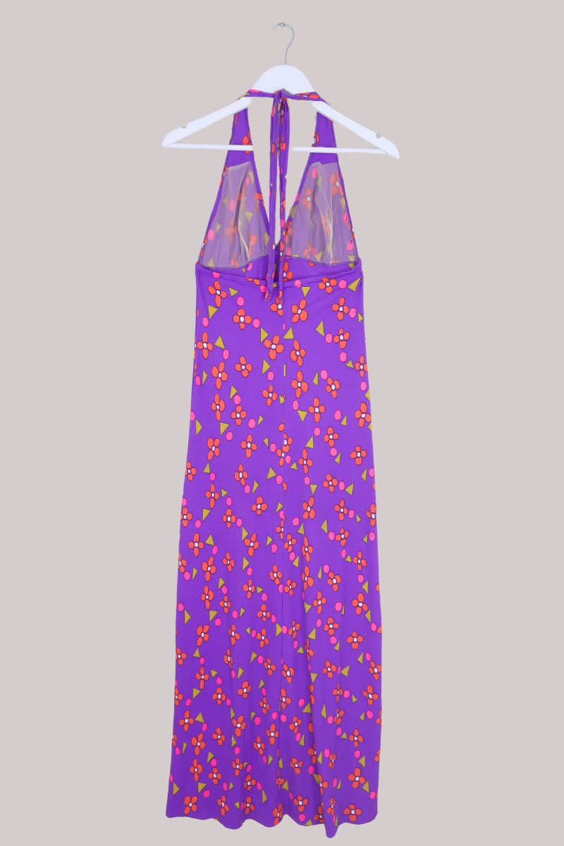 Vintage 70s Halterneck Maxi Dress - Purple Retro Daisies - Size XS by All About Audrey