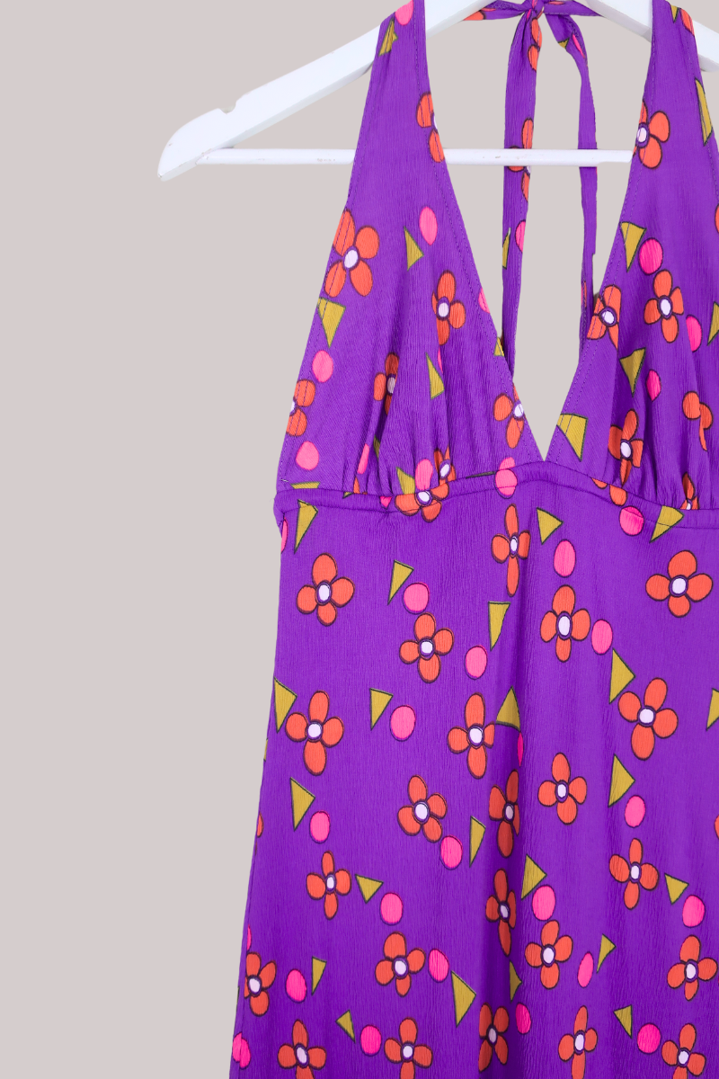 Vintage 70s Halterneck Maxi Dress - Purple Retro Daisies - Size XS by All About Audrey
