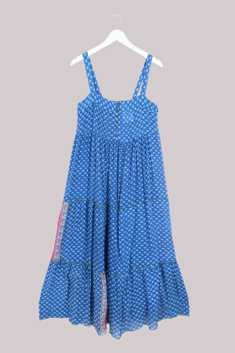Amelia Vintage Cotton Maxi Dress - Topaz Blue Floral - Size M/L