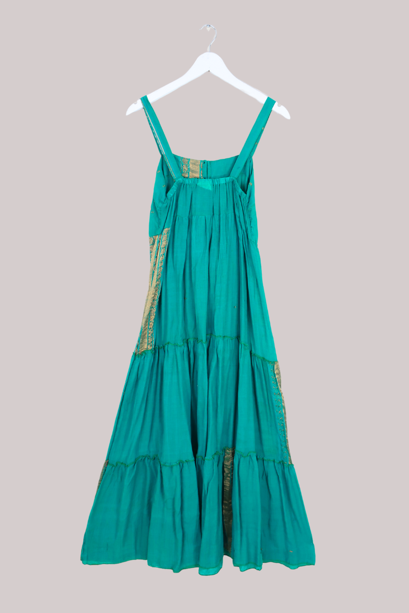 Amelia Vintage Cotton Maxi Dress - Aquamarine & Gold - Size XS/S