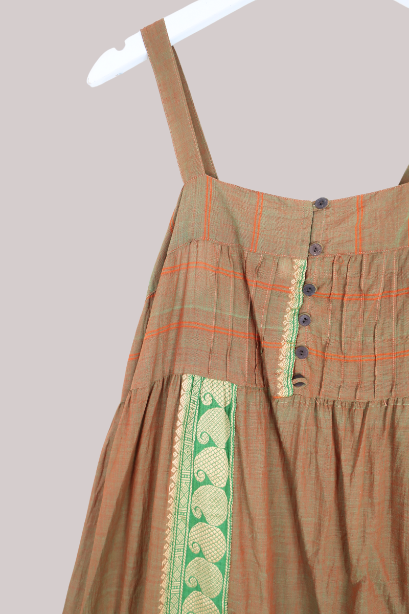 Amelia Vintage Cotton Maxi Dress - Olive Patchwork - Size M/L