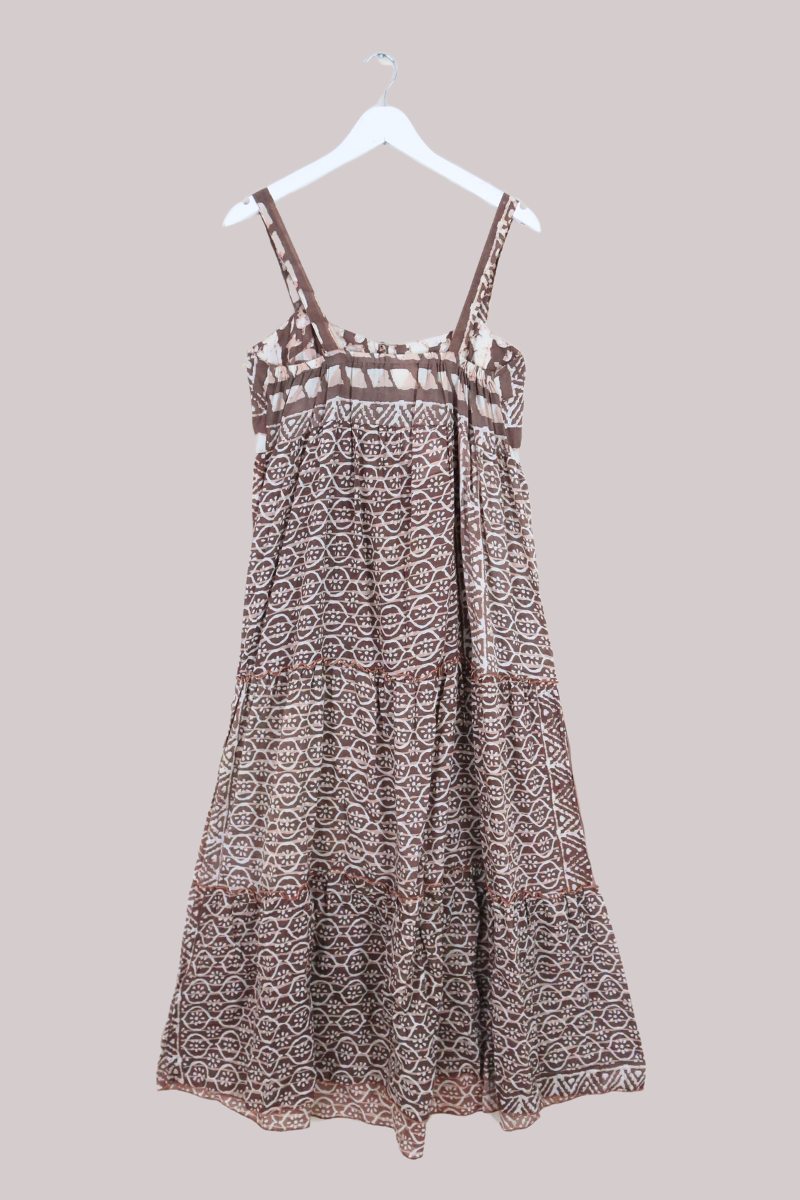 Amelia Vintage Cotton Maxi Dress - Abstract Clay Brown - Size M/L
