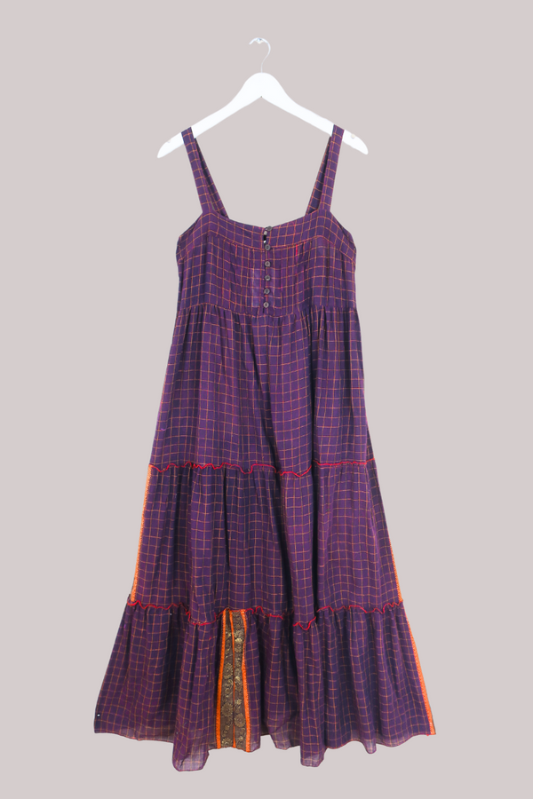 Amelia Vintage Cotton Maxi Dress - Deep Mulberry Check - Size M/L