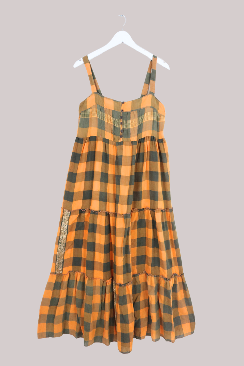 Amelia Vintage Cotton Maxi Dress - Tangerine Green Check - Size XS/S
