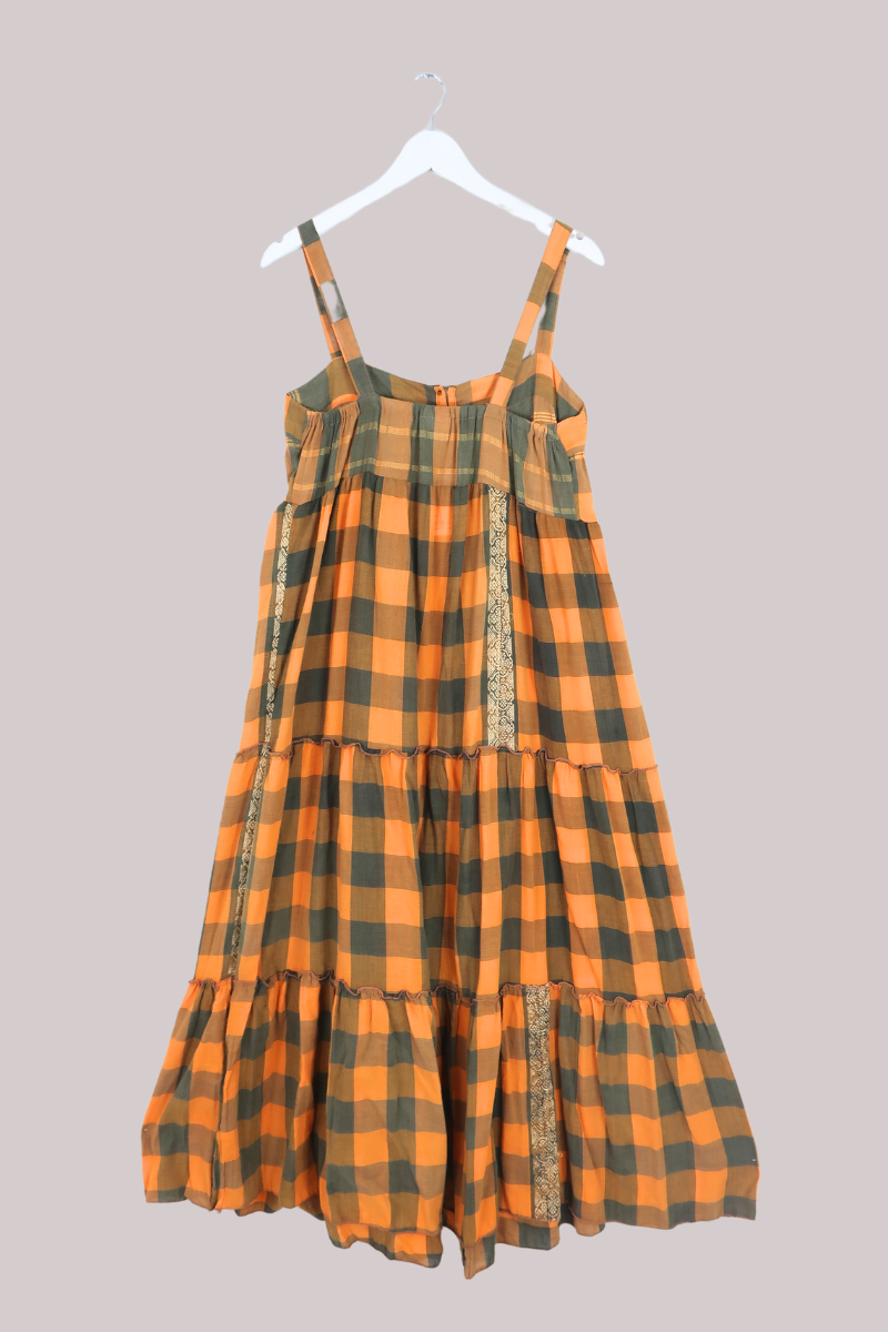 Amelia Vintage Cotton Maxi Dress - Tangerine Green Check - Size XS/S