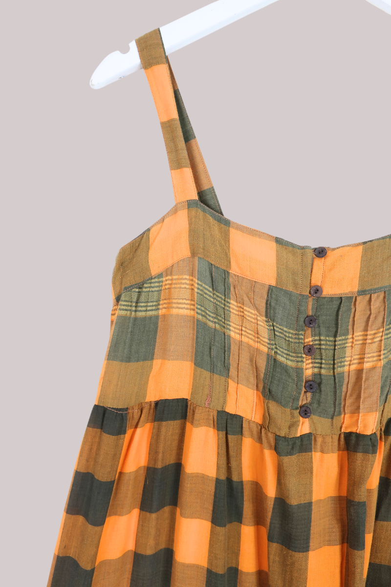 Amelia Vintage Cotton Maxi Dress - Tangerine Green Check - Size XS/S