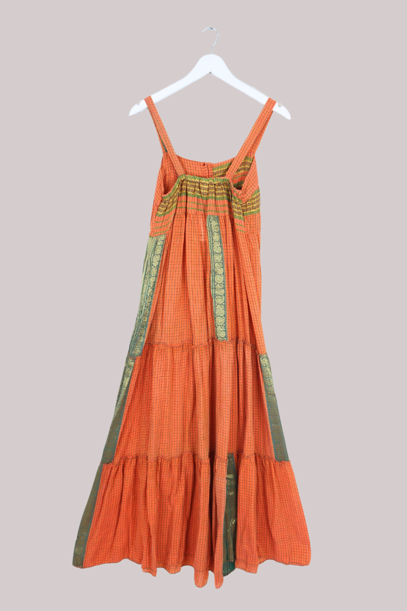 Amelia Vintage Cotton Maxi Dress - Clementine & Green Check - Size XS/S