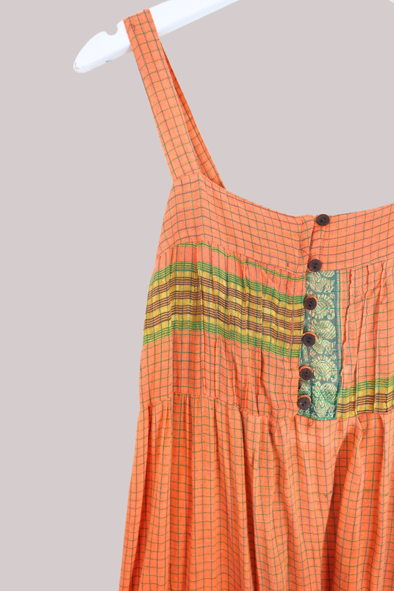 Amelia Vintage Cotton Maxi Dress - Clementine & Green Check - Size XS/S