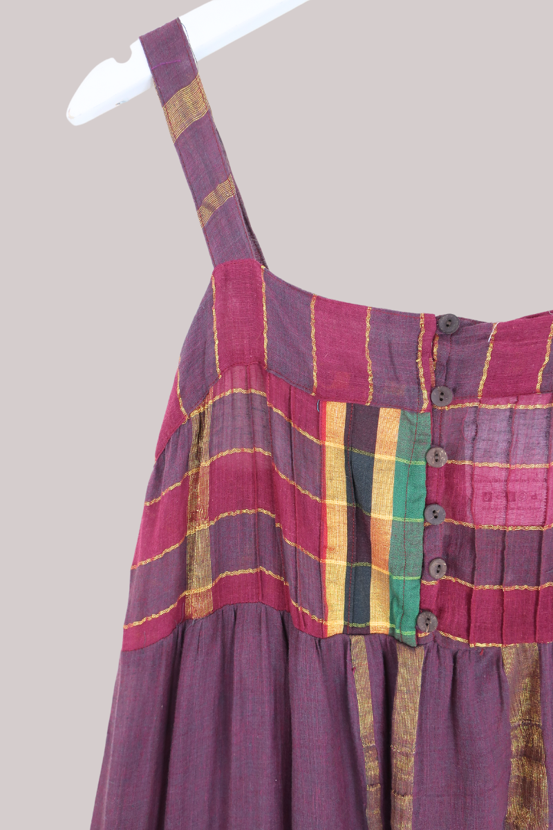 Amelia Vintage Cotton Maxi Dress - Plum & Gold Patchwork - Size M/L