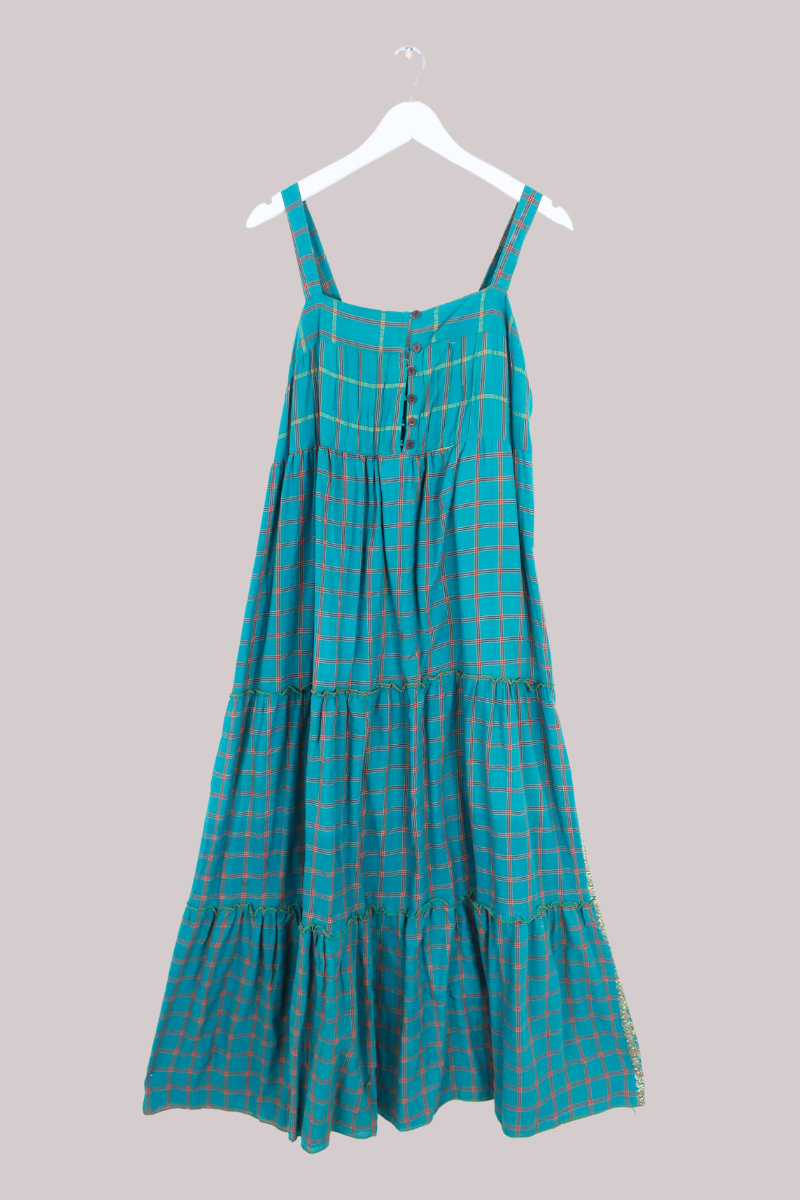 Amelia Vintage Cotton Maxi Dress - Teal Plaid - Size M/L