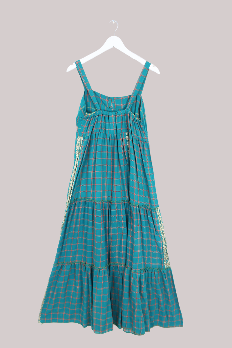 Amelia Vintage Cotton Maxi Dress - Teal Plaid - Size M/L