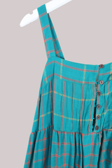 Amelia Vintage Cotton Maxi Dress - Teal Plaid - Size M/L