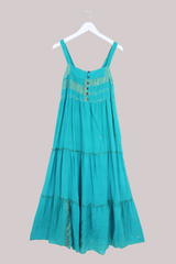Amelia Vintage Cotton Maxi Dress - Seafoam Green & Gold - Size M/L