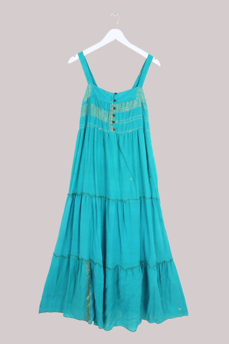 Amelia Vintage Cotton Maxi Dress - Seafoam Green & Gold - Size M/L