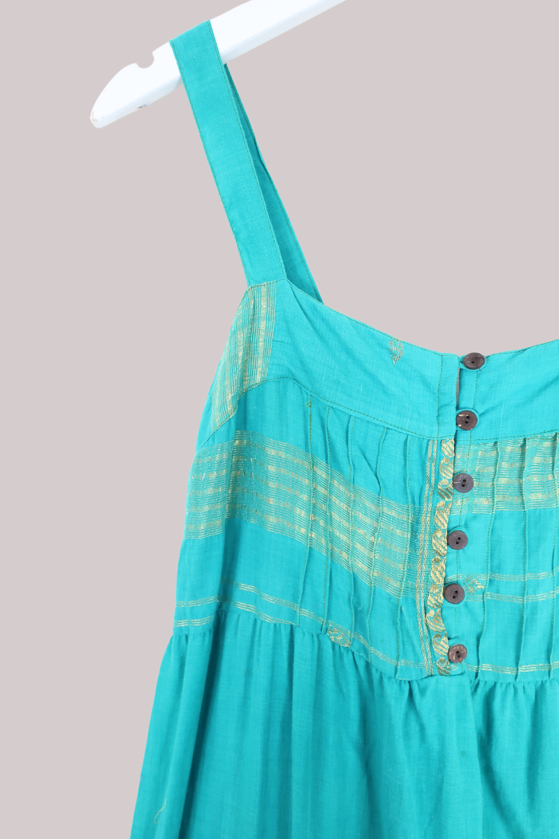 Amelia Vintage Cotton Maxi Dress - Seafoam Green & Gold - Size M/L