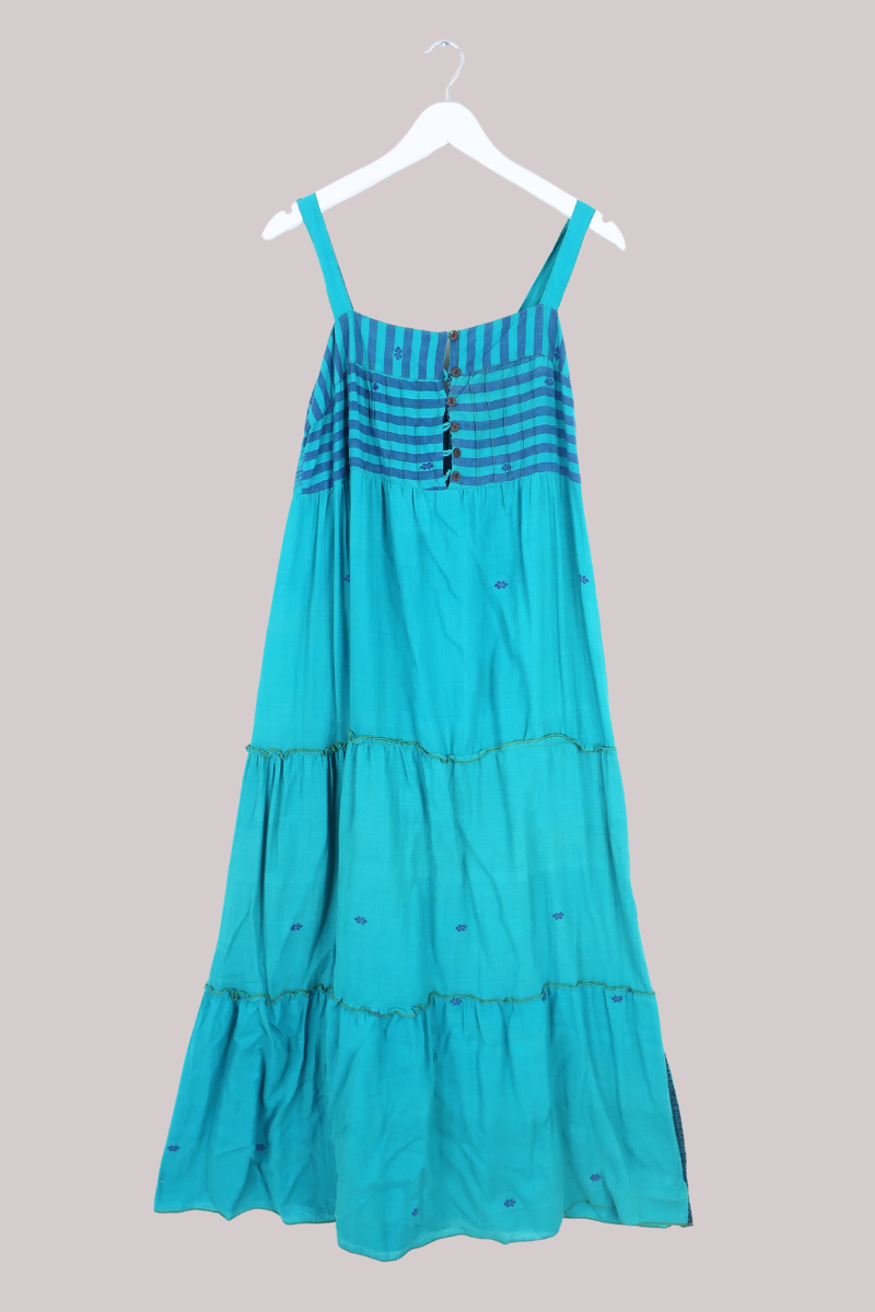 Amelia Vintage Cotton Maxi Dress - Embroidered Blue Flowers - Size M/L