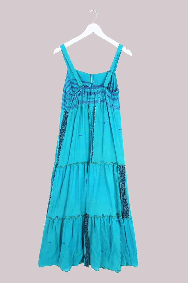 Amelia Vintage Cotton Maxi Dress - Embroidered Blue Flowers - Size M/L