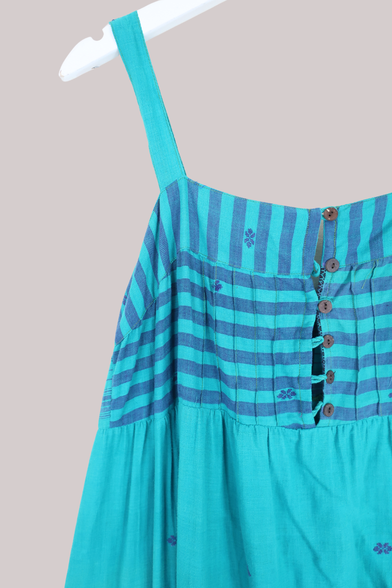 Amelia Vintage Cotton Maxi Dress - Embroidered Blue Flowers - Size M/L