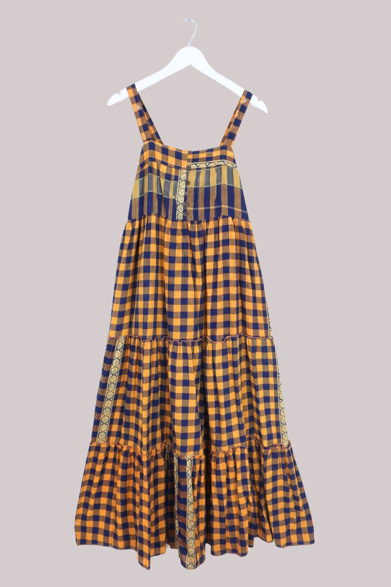Amelia Vintage Cotton Maxi Dress - Navy & Yellow Check - Size XS/S