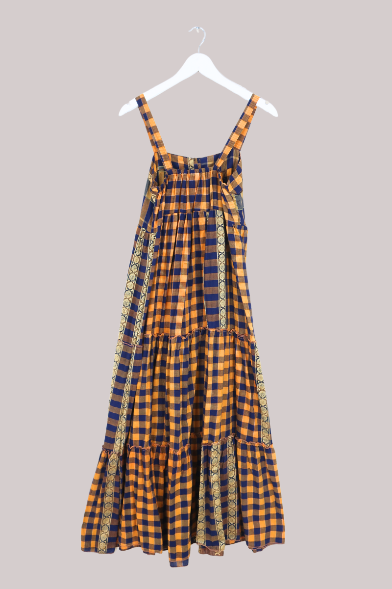 Amelia Vintage Cotton Maxi Dress - Navy & Yellow Check - Size XS/S