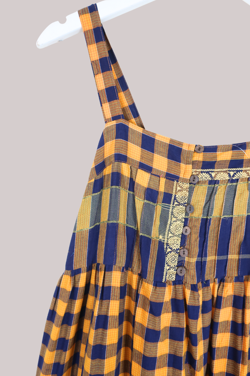 Amelia Vintage Cotton Maxi Dress - Navy & Yellow Check - Size XS/S