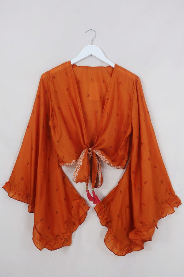 Venus Pure Silk Wrap Top - Copper Sun Embroidery - Size S/M By All About Audrey