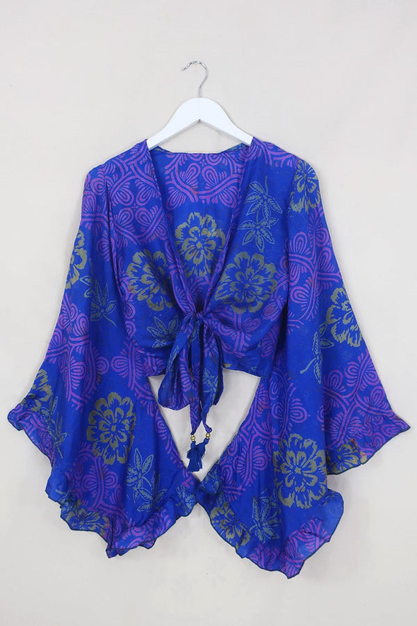 Venus Pure Silk Wrap Top - Indigo Woodblock Marigolds - Size S/M By All About Audrey