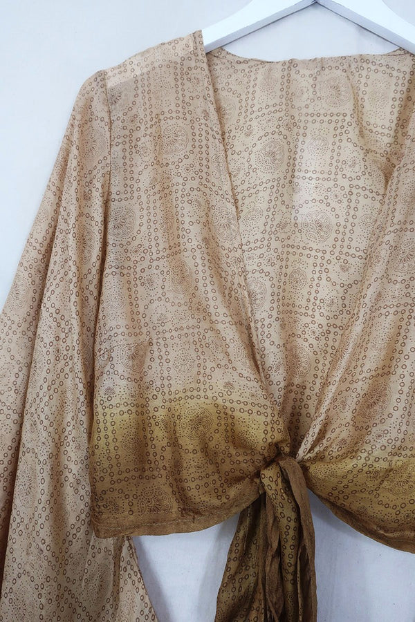 Venus Pure Silk Wrap Top - Golden Honey Flower Buds - Size S/M By All About Audrey