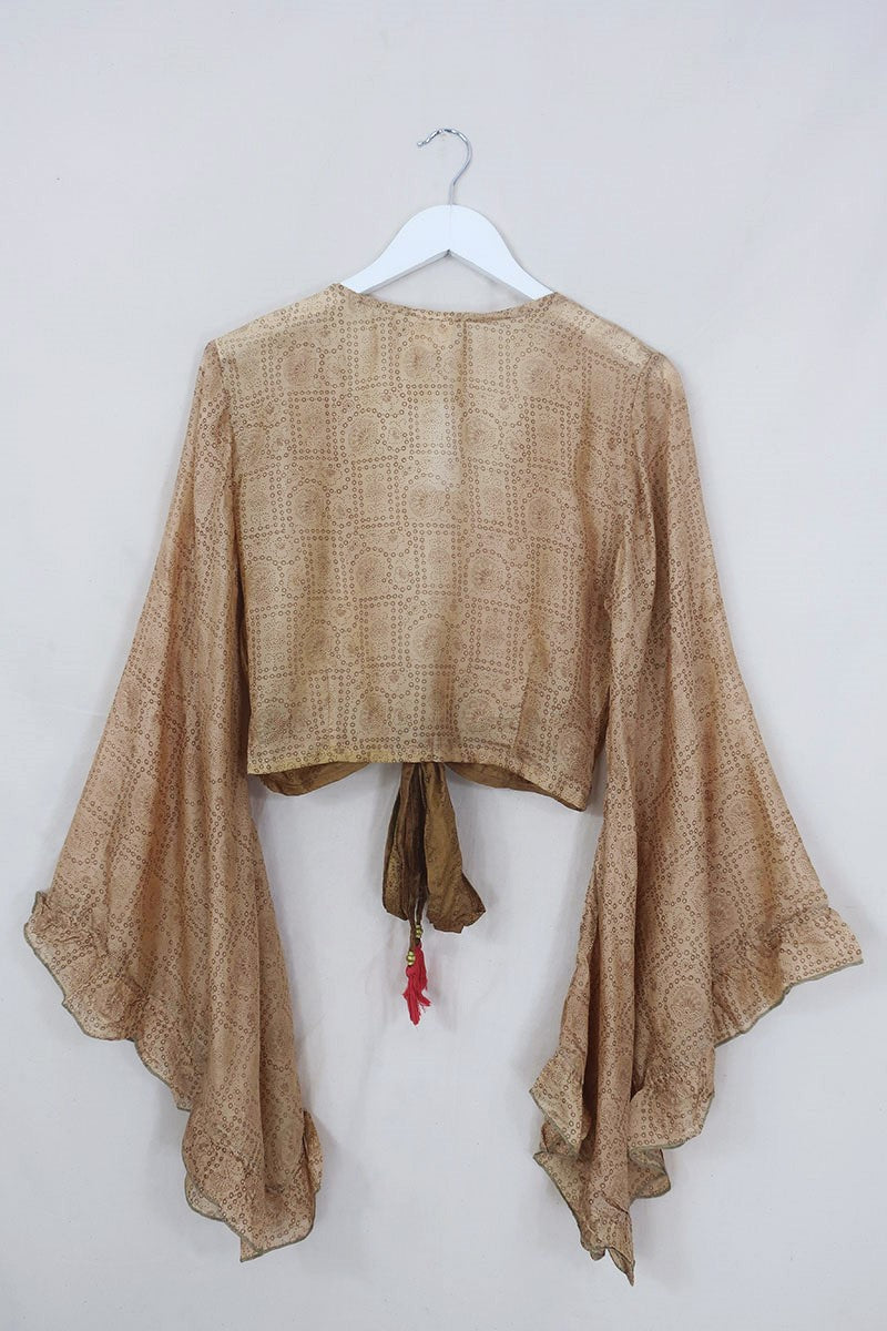 Venus Pure Silk Wrap Top - Golden Honey Flower Buds - Size S/M By All About Audrey