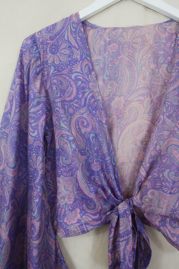 Venus Pure Silk Wrap Top - Faded Wild Wisteria - Size S/M By All About Audrey