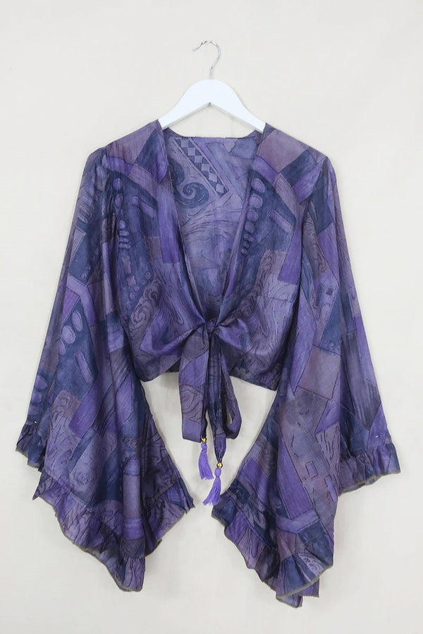 Venus Pure Silk Wrap Top - Misted Mauve Patchwork - Size S/M By All About Audrey