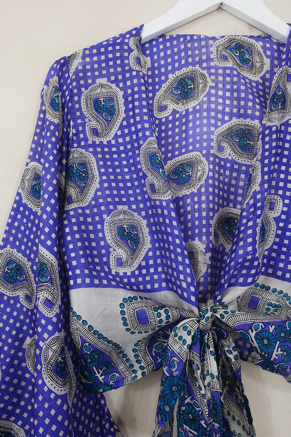 SALE Venus Pure Silk Wrap Top - Blueberry Woodblock Paisley - Size S/M By All About Audrey