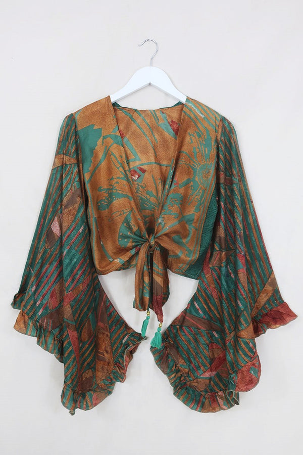 Venus Pure Silk Wrap Top - Rust & Jewelled Jade Sunflowers - Size S/M By All About Audrey