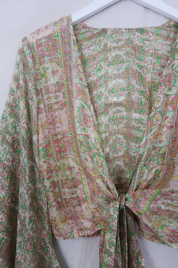 Venus Pure Silk Wrap Top - Blushing Spring & Lime Floral - Size S/M By All About Audrey