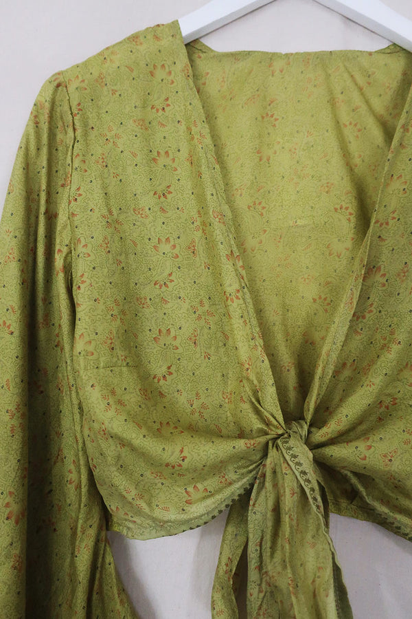 Venus Pure Silk Wrap Top - Soft Lime & Ginger Petals - Size S/M By All About Audrey