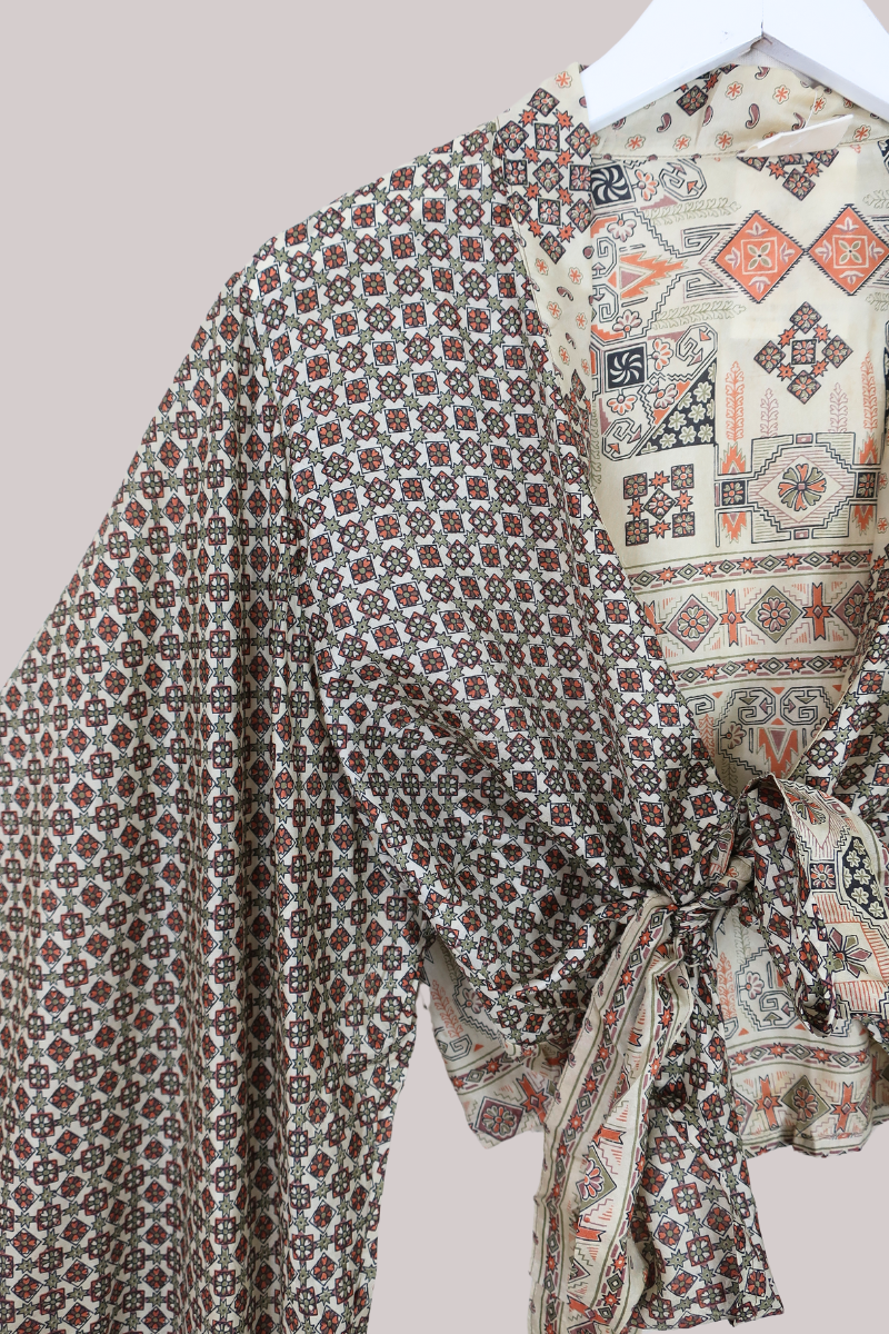 Aries Vintage Silk Wrap Top - Sandy Moroccan Tile - Size XXL