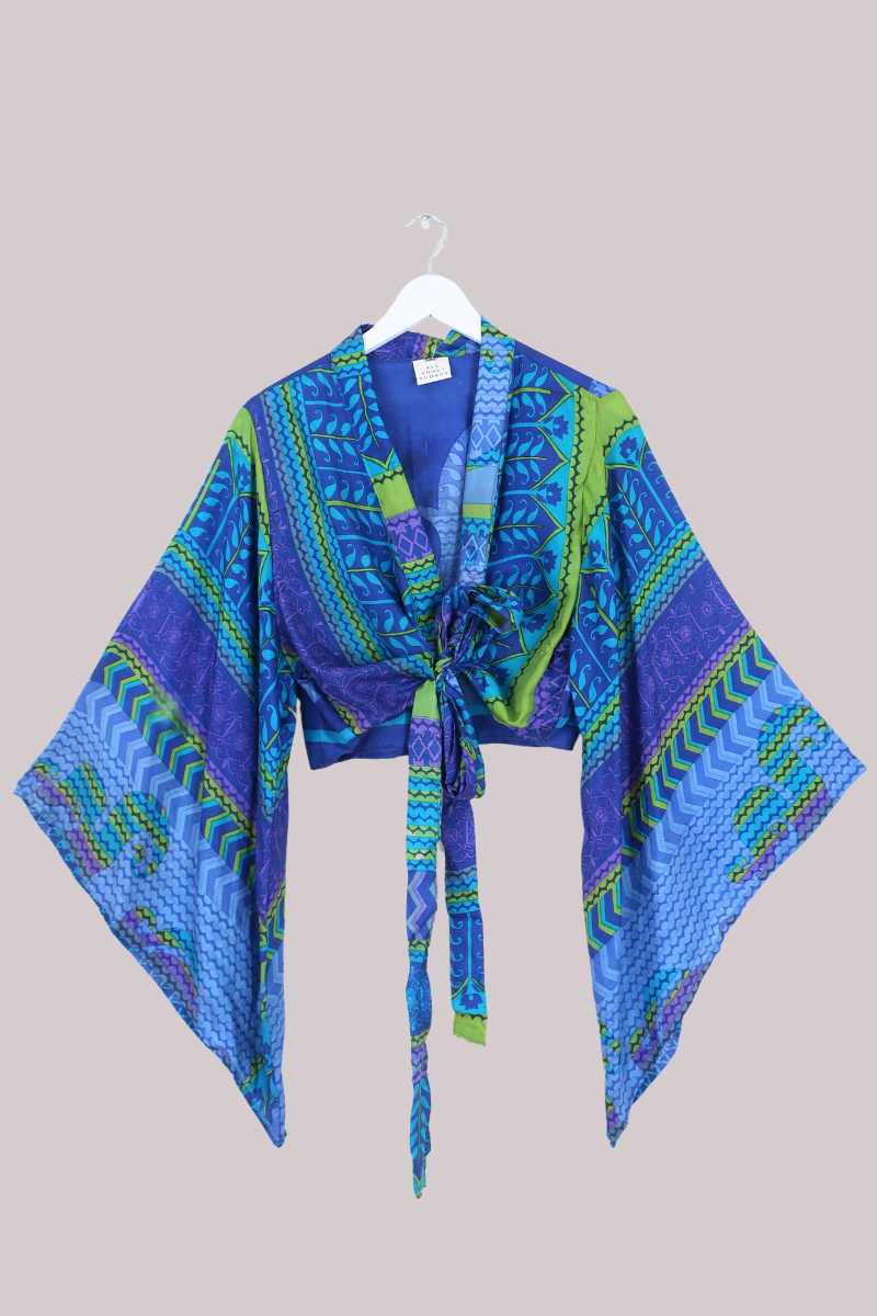 Aries Vintage Silk Wrap Top - Indigo Lime - Size XL